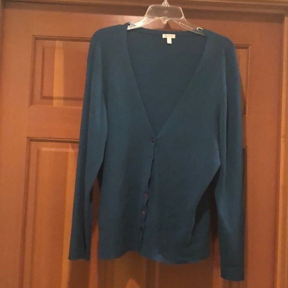 SEMANTICS v neck aquamarine button down sweater